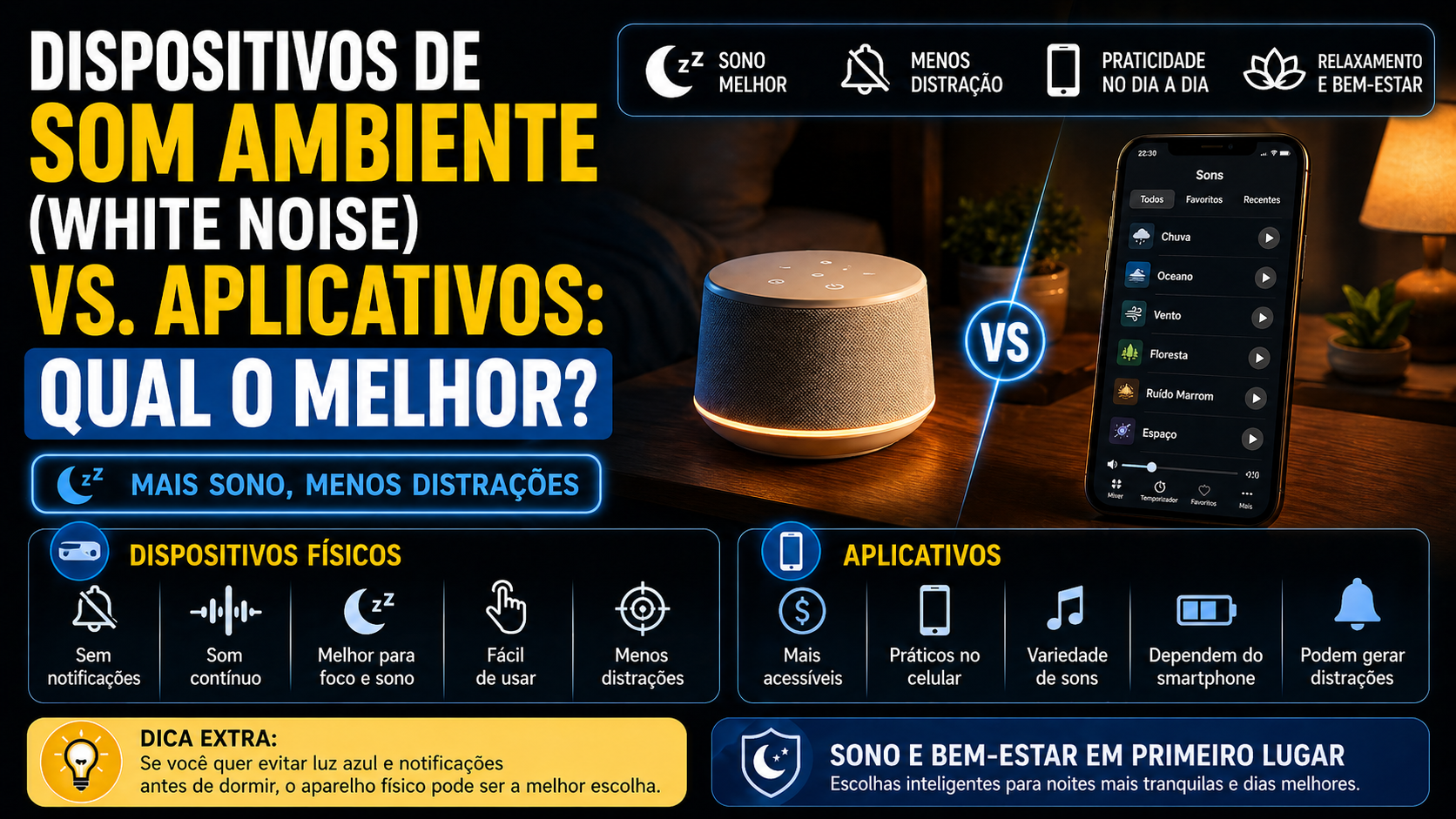 Dispositivos de som ambiente (White Noise) vs. Aplicativos: Qual o melhor?