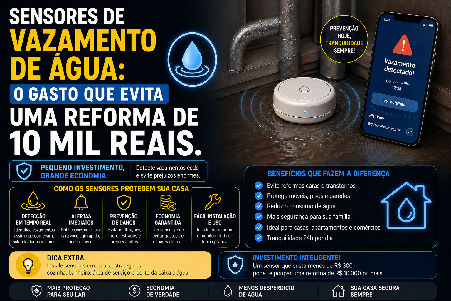 Sensores de vazamento de água: O gasto que evita uma reforma de 10 mil reais.