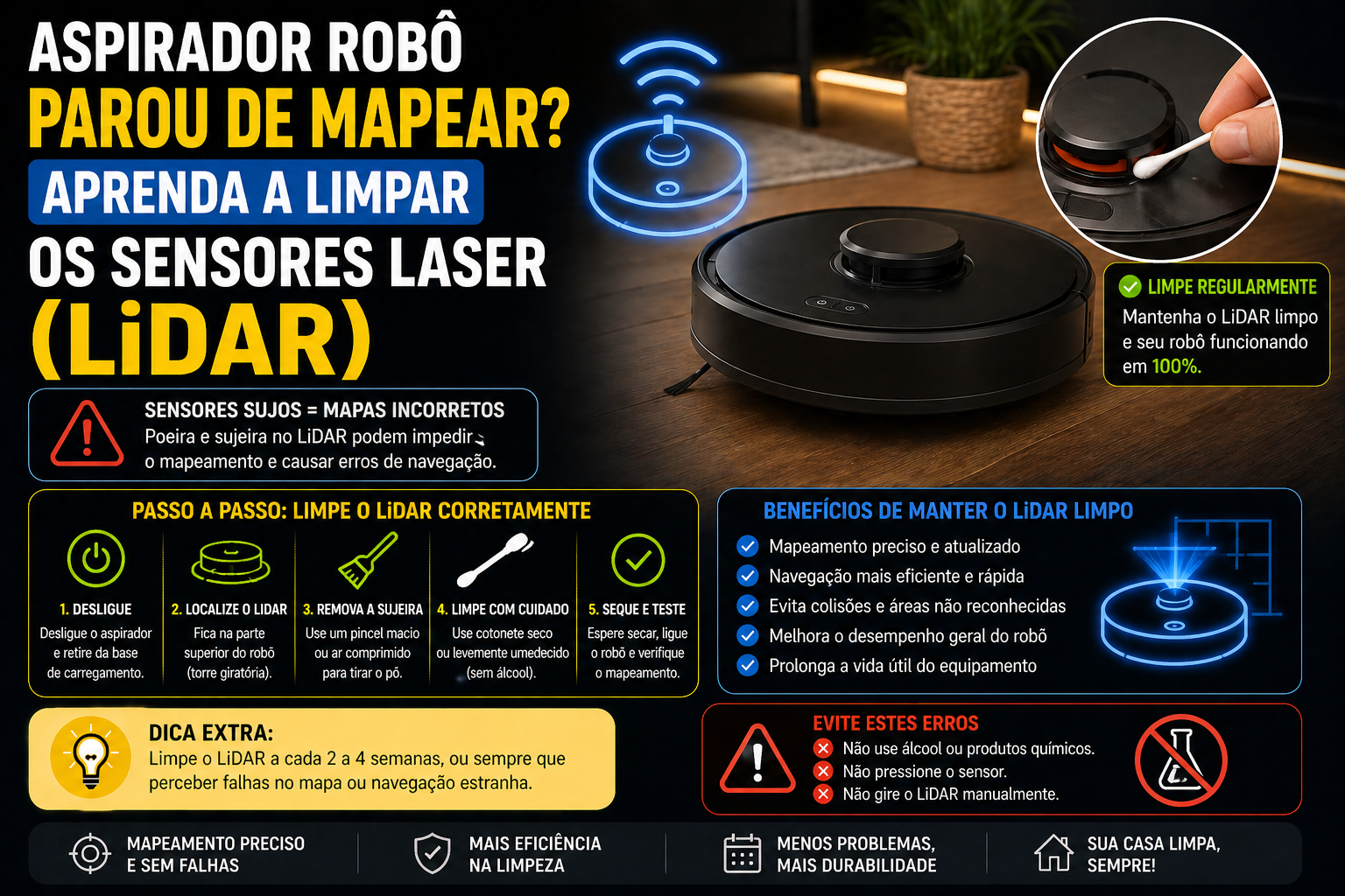 Aspirador robô parou de mapear? Aprenda a limpar os sensores laser (LiDAR)