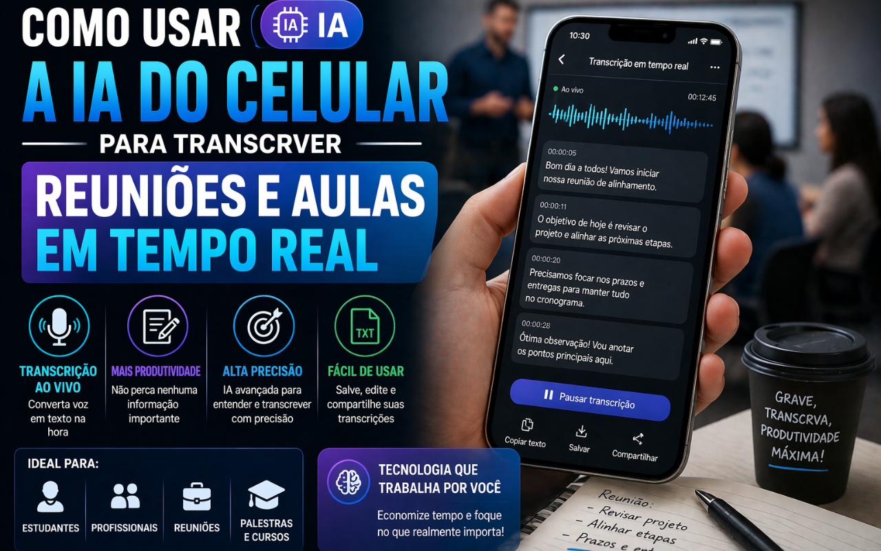 1. Como usar a IA do celular para transcrever reuniões e aulas em tempo real.