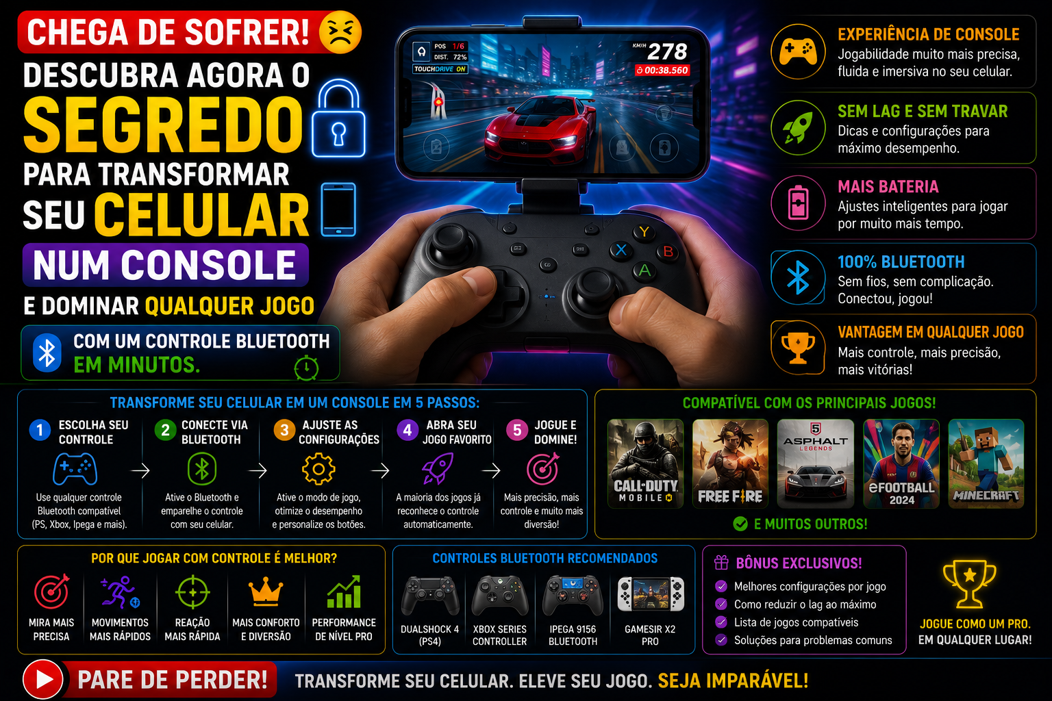 Chega de sofrer! Descubra AGORA o segredo para transformar seu celular num console e dominar qualquer jogo com um controle Bluetooth em minutos.