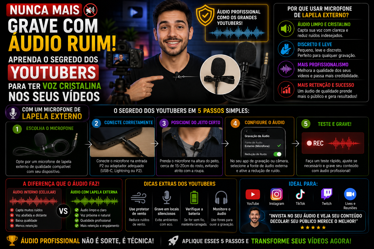 Nunca mais grave com áudio ruim! Aprenda o segredo dos YouTubers para ter voz cristalina nos seus vídeos com um microfone de lapela externo em 5 passos.