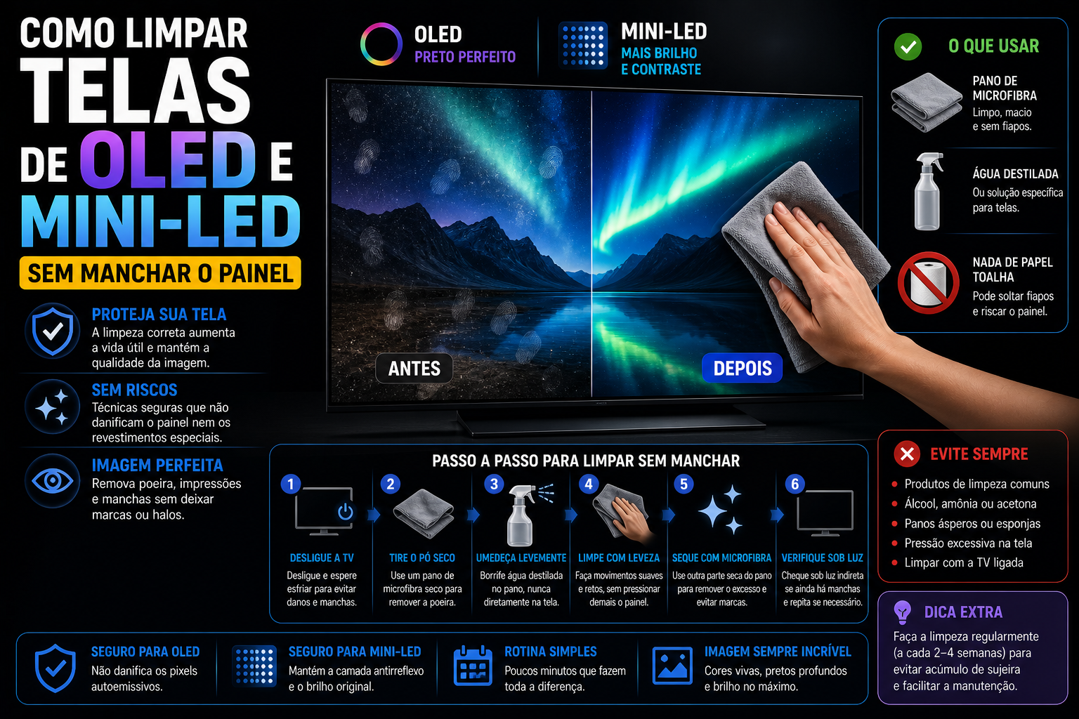 Como limpar telas de OLED e Mini-LED sem manchar o painel