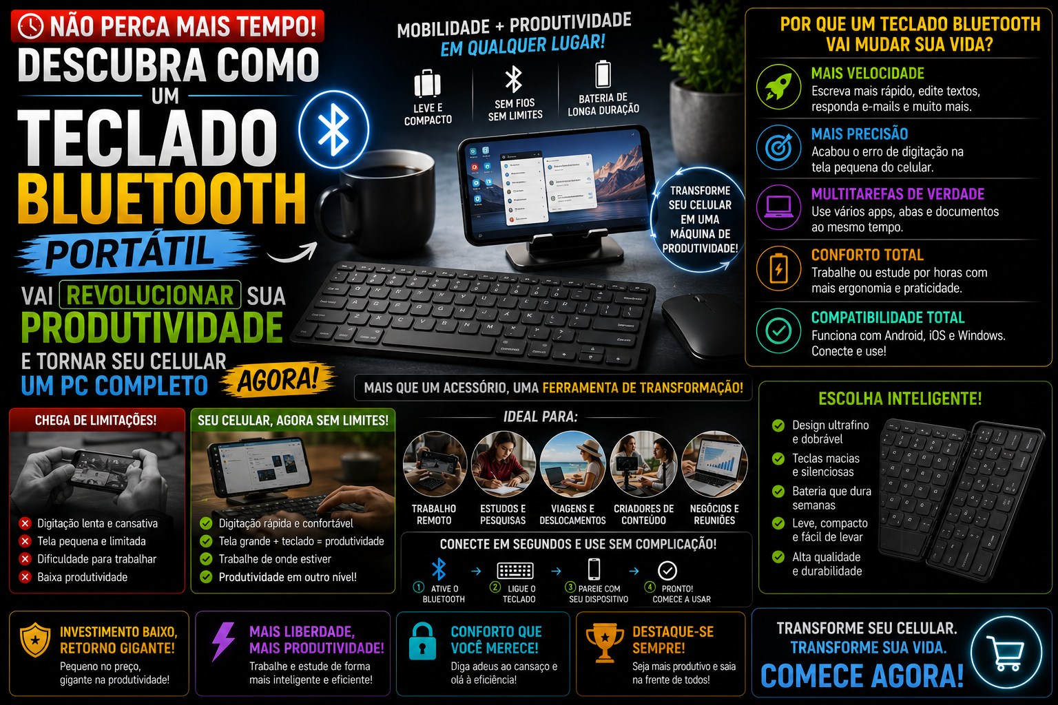 Não perca mais tempo! Descubra como um teclado Bluetooth portátil vai REVOLUCIONAR sua produtividade e tornar seu celular um PC completo AGORA!