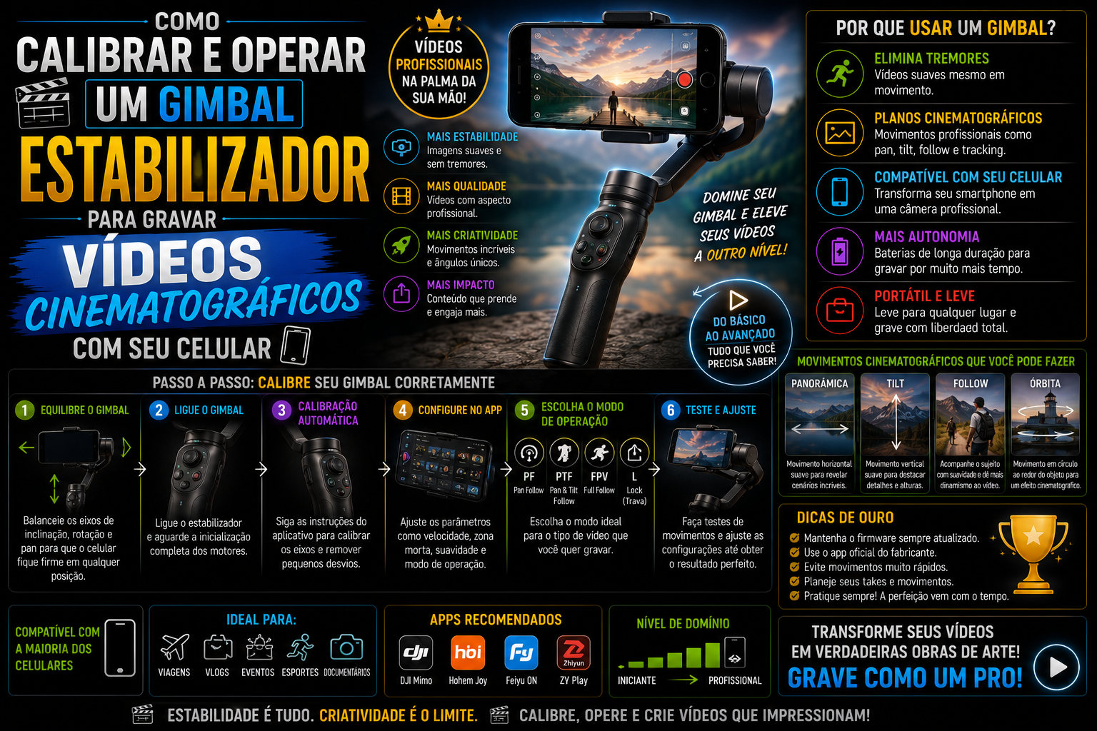 Como calibrar e operar um gimbal estabilizador para gravar vídeos cinematográficos com seu celular.