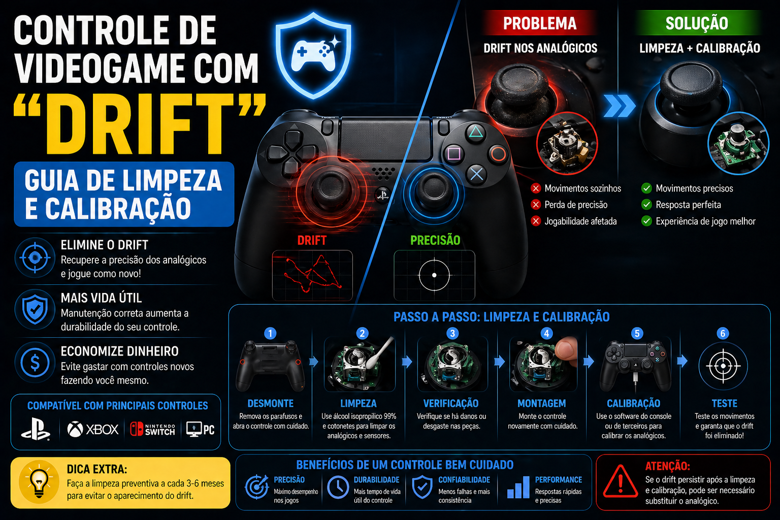 Controle de videogame com "drift": Guia de limpeza e calibração