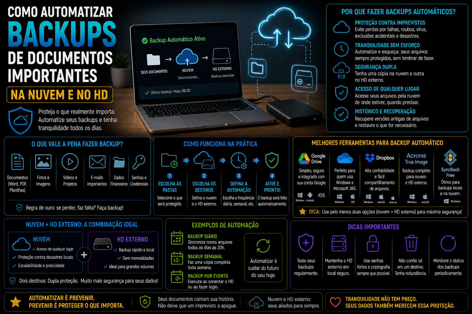 Como automatizar backups de documentos importantes na nuvem e no HD